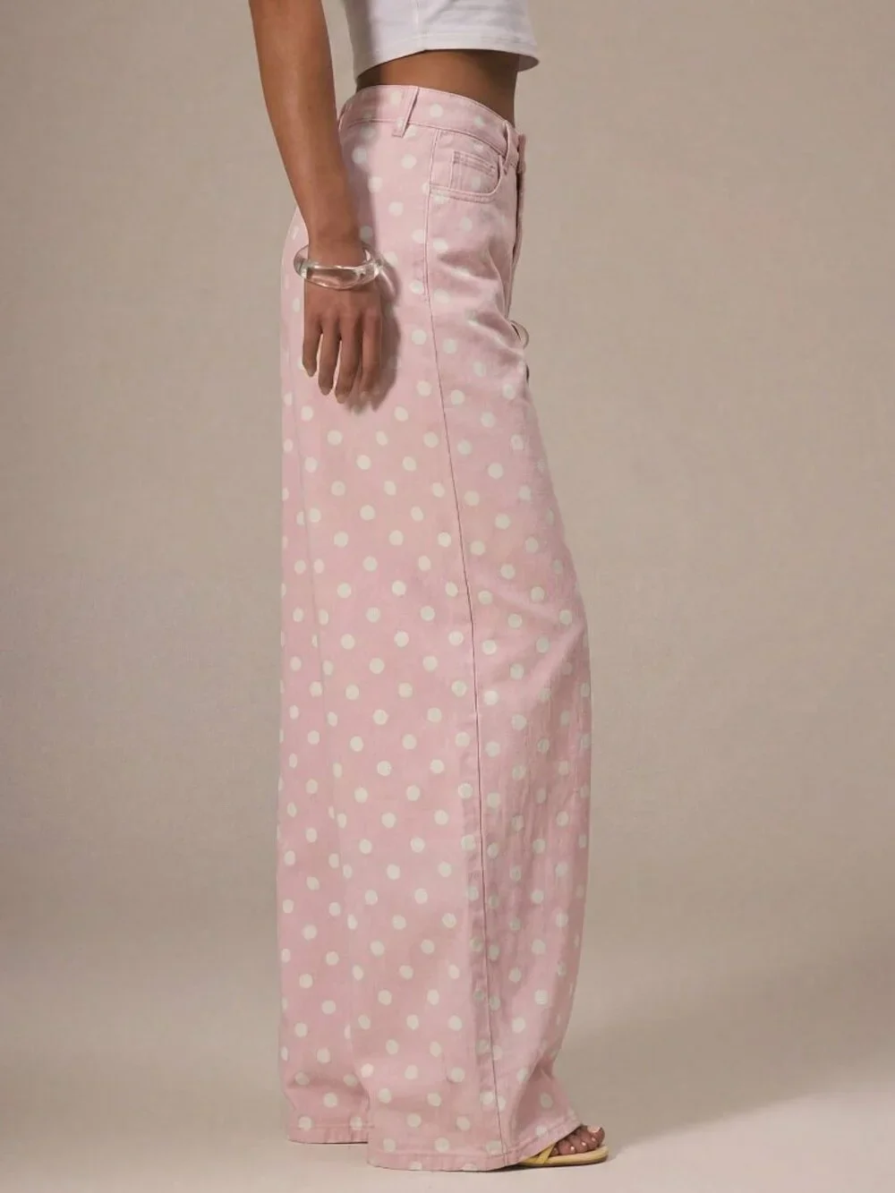 Pink Casual Women's Polka DotDenim Straight Leg Mid Rise Jeans - Picture 5 of 5